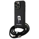 Karl Lagerfeld Umhängetasche mit Saffiano-Monogramm und Metallnadel, Karl &amp; Choupette-Hülle für iPhone 15 Pro Max – Schwarz