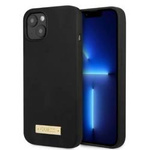 Original Handyhülle IPHONE 13 MINI Guess Hard Case Silicone Logo Plate MagSafe (GUHMP13SSPLK) schwarz