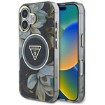 Schutzhülle IPHONE 16 Guess Glitter Flowers Triangle Buttons MagSafe schwarz