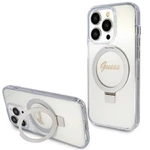 Guess Ring Stand Script Glitter MagSafe Hülle für iPhone 15 Pro – transparent