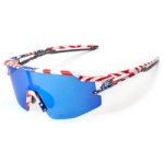 Rockbros Polarisierte Fahrradbrille mit UV-Schutz und Korrektureinsatz, blaue Gläser, USA-Muster, Weiß