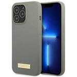 Original Handyhülle IPHONE 13 PRO MAX Guess Hard Case Silicone Logo Plate MagSafe (GUHMP13XSPLG) grau