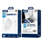 JELLICO wall charger EU20 GaN PD 65W 2xUSB-C + 1xUSB QC3.0 + cable USB-C - USB-C White