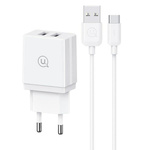 USAMS Ład. siec. 2xUSB-A + kabel USB-C/USB-A Fast Charging biały/white series HC HCXLTZ03