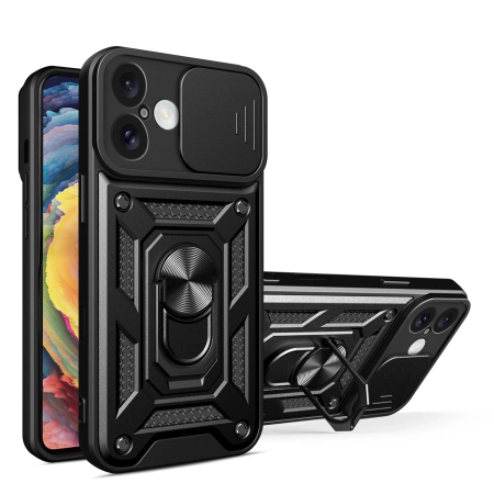 Hybrid Armor Camshield Panzerhülle für iPhone 16 mit Kameraabdeckung und Ständer – Schwarz