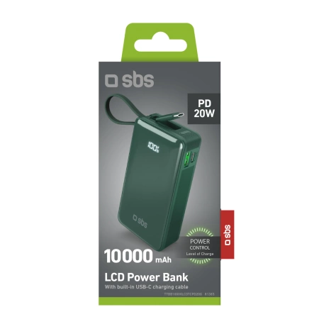 Powerbank SBS 10000 mAh 20W mit integriertem USB-C-Kabel und Digitalanzeige - grün