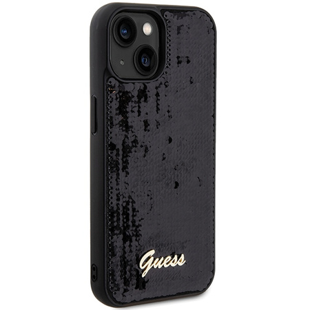 Guess Pailletten Script Metallhülle für iPhone 15 – Schwarz