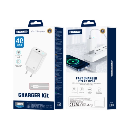 JELLICO ładowarka sieciowa EU19 GaN PD 40W 2xUSB-C + kabel USB-C - USB-C Biały