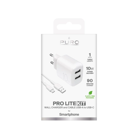 Puro PROLITE 10W 2x USB-A Wandladegerät + USB-A - USB-C Kabel 1,2m - weiß