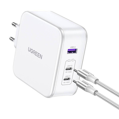 Ugreen Nexode CD289 GaN-Netzwerkladegerät USB-A/2xUSB-C 140 W + USB-C – USB-C-Kabel 1,5 m – Weiß