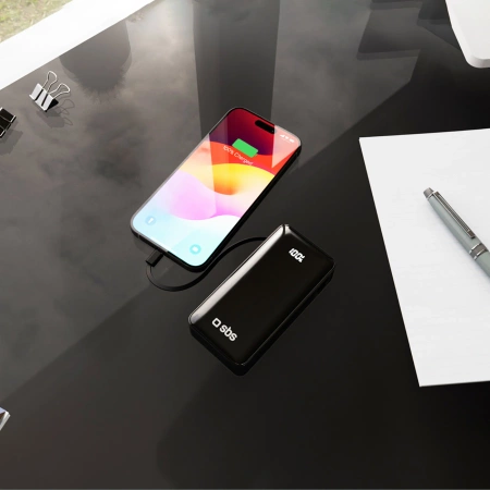 Powerbank SBS 10000 mAh 20W with built-in USB-C cable and digital display - black