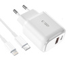 Ładowarka Sieciowa 20W USB-C PD + USB QC3.0 + Kabel 1m USB-C - Lightning Tech-Protect C65W biała