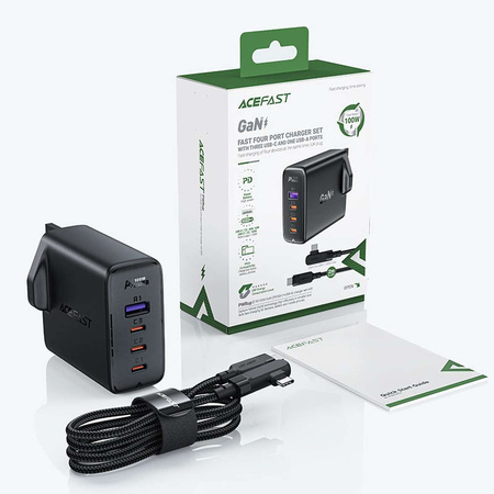 Szybka ładowarka GaN UK 100W Power Delivery 3x USB C 1x USB - czarna