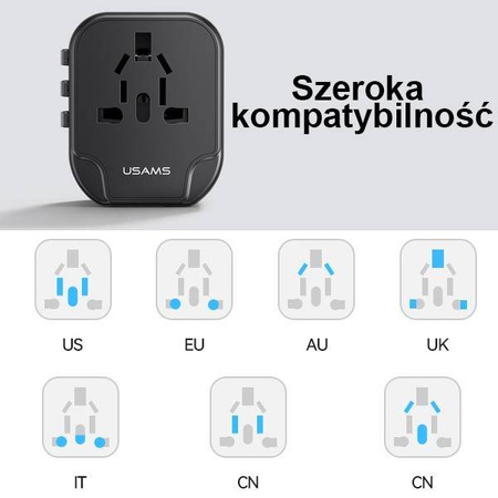 USAMS Ład. siec. 2xUSB T55 12W adapter 4w1 US/AU/EU/UK czarny/black CC173TC01 (US-CC173) Univesal Travel Charger