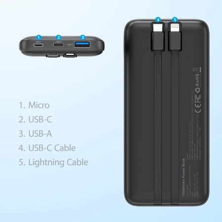 Powerbank Choetech B654 10000mAh 22.5W USB-A / USB-C / micro USB z wbudowanym kablem USB-C / Lightning - czarny