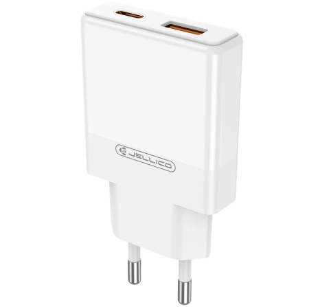 JELLICO wall charger EU57 PD 20W 1xUSB-C + 1xUSB QC3.0 + cable USB-C - USB-C White