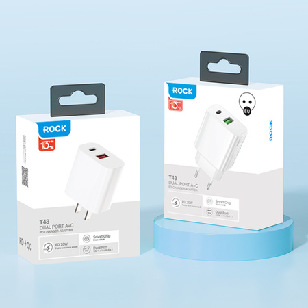 Rock Ładowarka sieciowa T43  - USB + Typ C - QC 3.0 PD 20W 3A biała