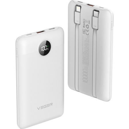VEGER powerbank 10000 mAh z wbudowanymi kablami Typ C / Lightning PD QC3.0 2A 22,5W C11C (W1170) biały