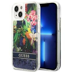 Case IPHONE 14 PLUS Guess Hardcase Flower Liquid Glitter blue
