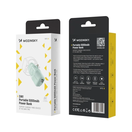 Mini powerbank Wozinsky WF16-YLS 5000mAh 15W Lightning z wbudowanym kablem USB-C i ładowarką do Apple Watch - zielony