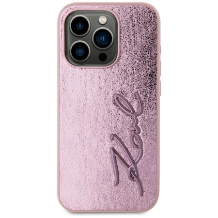 Karl Lagerfeld Wrinkled Metal Signature iPhone 15 Pro Max Hülle - Rosa
