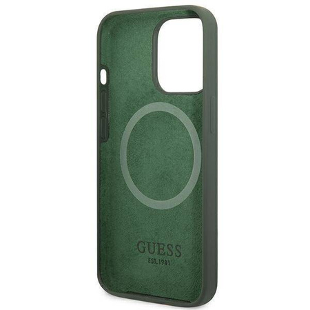 Original Case IPHONE 13 PRO Guess Hard Case Silicone Logo Plate MagSafe (GUHMP13LSPLA) green