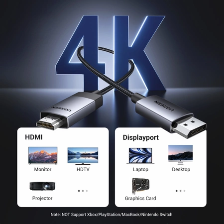 Ugreen DP119 DisplayPort to HDMI 4K 60Hz Cable 2m - Gray