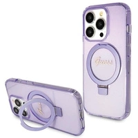 Guess Ring Stand Script Glitter MagSafe Hülle für iPhone 15 Pro – Lila