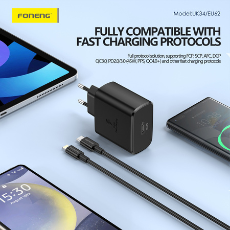 Foneng Ładowarka sieciowa EU62 GaN - Typ C - PD 45W czarna