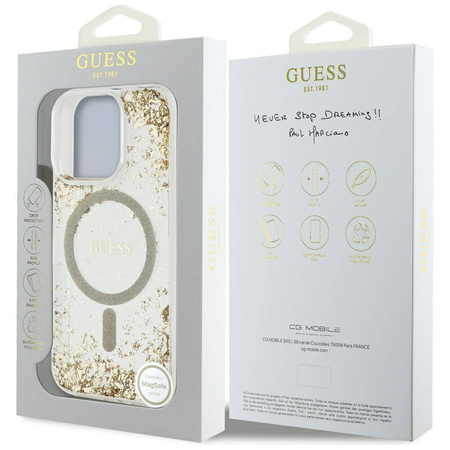 GUESS futerał do IPHONE 16 Pro Max kompatybilny z MagSafe GUHMP16XRGRGED (Resin Bottom Glitter) złoty