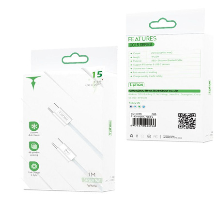 KABEL T-PHOX CC15 SERIES USB-C/USB-C 60W 3A 1M WHITE