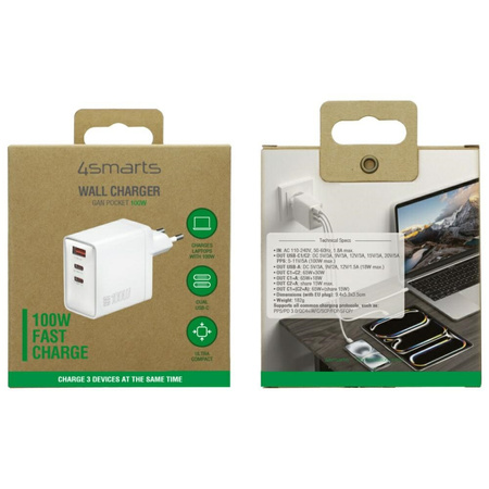 Ładowarka sieciowa 4smarts Pocket GaN    100W 2xUSB-C + USB-A biały