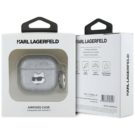 Original Case APPLE AIRPODS 4 Karl Lagerfeld Cover Monogram Choupette Head silver