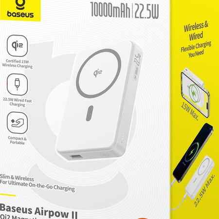 Baseus Powerbank magnetyczny Airpow ? Qi2 10000mAh 22.5W Biały (z kablem ładującym Simple Series Type-C do Type-C (20V/3A) 30 cm)