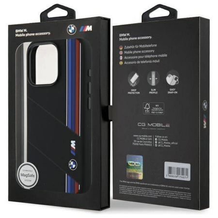 Original Handyhülle IPHONE 16 PRO BMW Hardcase Silicone Cut Tricolor Lines MagSafe (BMHMP16L23SCUK) schwarz