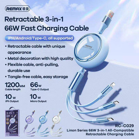 KABEL REMAX LINON SERIES 66W 3IN1 USB-C/MICRO/LIGHTNING RC-C029 PURPLE