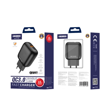 JELLICO ładowarka sieciowa C32 18W 1xUSB QC3.0 + kabel USB-C Czarny
