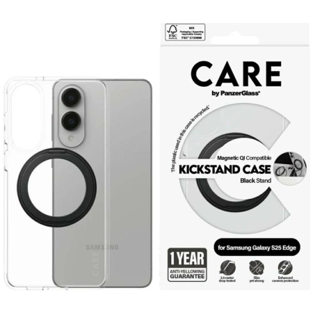 Etui CARE by PanzerGlass Feature Black Kickstand & QI na Samsung Galaxy S25 Edge - przezroczyste