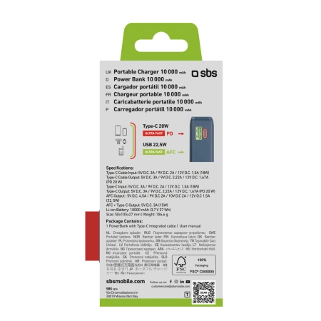 Powerbank SBS 10000 mAh 20W mit integriertem USB-C-Kabel und Digitalanzeige - dunkelgrau