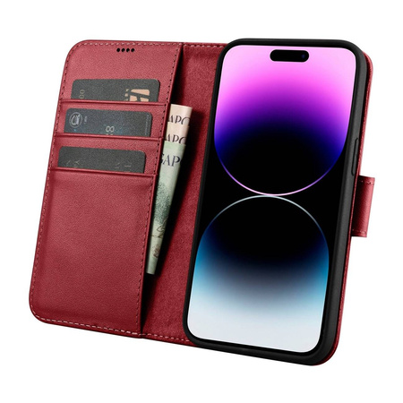 iCarer Wallet Case 2in1 etui iPhone 14 Pro Max skórzany pokrowiec z klapką Anti-RFID czerwony (WMI14220728-RD)