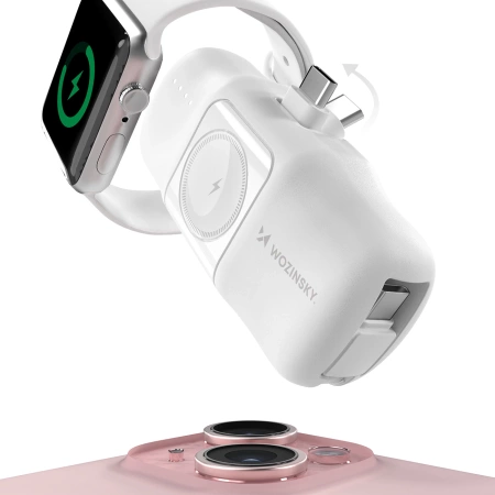 Wozinsky WF16-YCS 5000mAh 15W USB-C Mini Power Bank with Built-in USB-C Cable and Apple Watch Charger - White