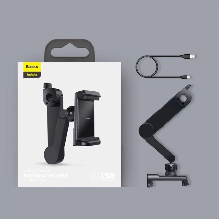 Uchwyt Samochodowy z 15W Ładowaniem Indukcyjnym Qi na Zagłówek do Telefonu Ładowanie Bezprzewodowe Baseus Energy Storage Backseat Holder Wireless Charger (WXHZ-01) czarny
