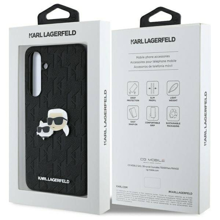 Original Handyhülle SAMSUNG GALAXY S24 FE Karl Lagerfeld Hardcase Monogram Karl&Choupette Head Pin (KLHCS24FEPGKLKCPK) schwarz
