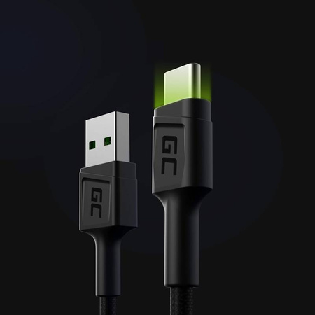 Green Cell Ray - Kabel Przewód USB - USB-C 120cm z zielonym podświetleniem LED i obsługą szybkiego ładowania Ultra Charge, QC 3.0