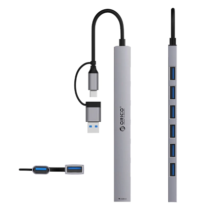 HUB 7-portowy input 2w1: USB-A/USB-C / output: 1x USB-A 3.0 + 6x USB-A 2.0 - szary