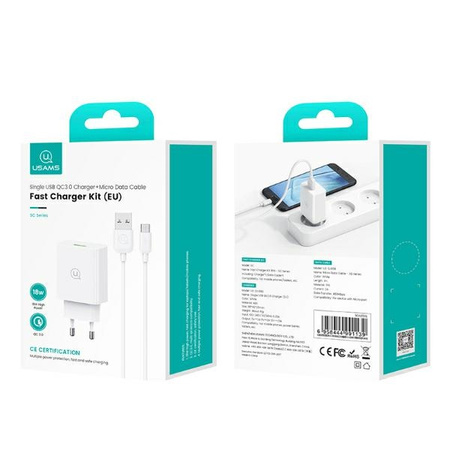 USAMS Ład. siec. 18W + kabel USB-C/USB-A1m Fast Charging biały/white series SC SCXLTZ02