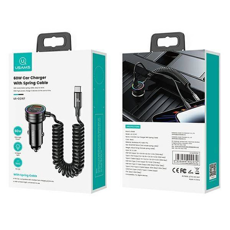 Ładowarka Samochodowa 60W USB + USB-C + Kabel USB-C Usams C33 Fast Charge CC167CC01 (US-CC167) czarna