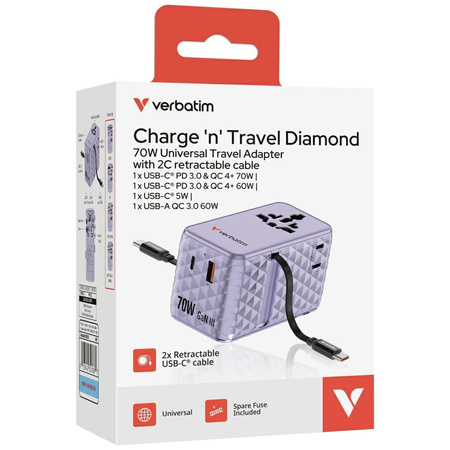 Verbatim Adapter podróżny EU/UK/US GaN   1xUSB-C/1xUSB-A/2xUSB-C PD 70W fioletowy 30188