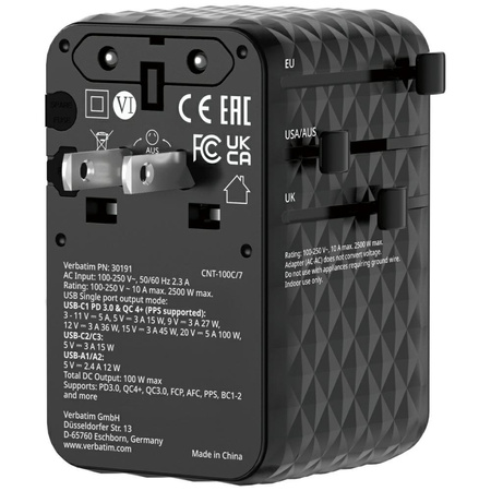 Verbatim Adapter podróżny EU/UK/US GaN   2xUSB-C/2xUSB-A/1xUSB-C PD 100W czarny 30191