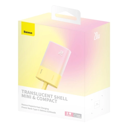 Powerbank Baseus Popsicle 5200mAh 20W z wbudowanym kablem Lightning (+ biały kabel Baseus Simple USB-C - USB-C 60W/20V/3A/30cm) - zółto-różowy